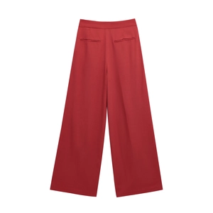 Back view of high-waist wide-leg red trousers with symmetric welt pockets detail
