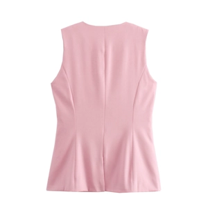 Rear view of a pink sleeveless tailored vest showing slim fit seams and clean texture