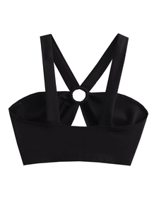 Detail of black slim fit halter top with crisscross straps and metal ring connector