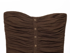 Close-up of ruched dark brown tube top with vintage cylindrical buttons and fabric texture