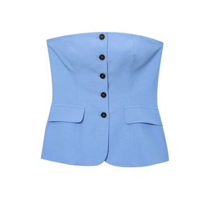 Light blue strapless button-up top with textured fabric and faux flap pockets