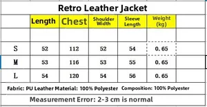 Size chart for vintage brown PU leather jacket showing S, M, L measurements in centimeters
