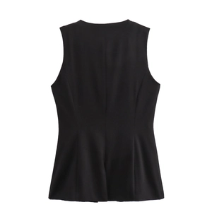 Rear view of black sleeveless suit vest with slim-fit tailoring on white background