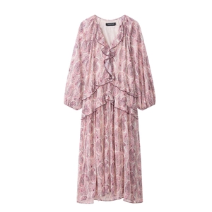 Women V Neck Paisley Print Ruffle Long Sleeve Maxi Dress Bohemian Tiered Chiffon Look Polyester Blend Long Dresses For Party