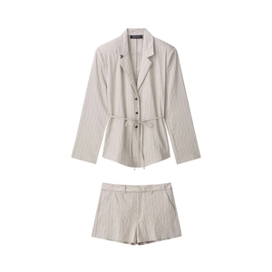 French Style Striped Blazer And Shorts Outfits For Women Summer Casual Office Commute Beige Long Sleeve Lapel Suit