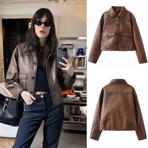 Women Vintage Dark Brown PU Faux Leather Jacket Casual Retro Distressed Button Down Lapel Coat Streetwear Short Outwear