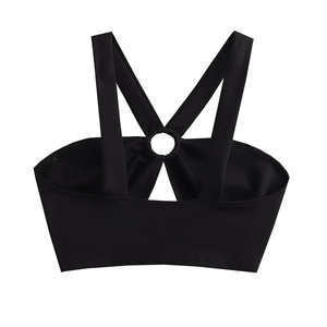 Black cross-back halter sports top with elastic fabric and center ring detail