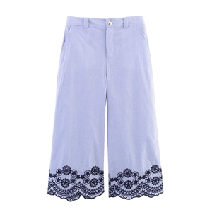 Women's blue striped wide-leg cropped pants with floral lace embroidery at the hem