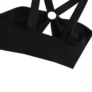 Slim fit black halter top with elastic knit fabric and decorative cross back ring