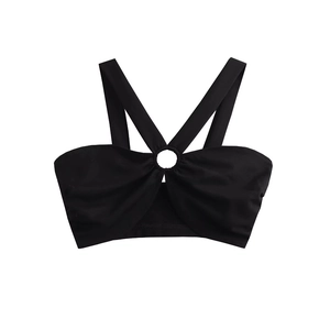 Slim fit black halter crop top with metal ring detail for women summer fashion