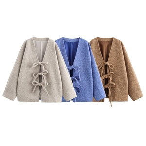 Damen Casual Teddy-Fleece-Strickjacke mit Schleife Vorne Übergroßer V-Ausschnitt Langarm Sherpa Oberbekleidung Mantel für Herbst Winter