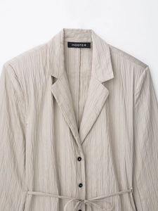 Close-up of beige pinstriped blazer with belt detail and brand label on collar