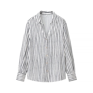 Women Casual Vertical Striped Satin Shirt Long Sleeve Single Breasted Blouse With Gold Buttons Lapel Elegant Commute Top