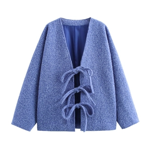 Damen Strickjacke in Königsblau mit drei eleganten Schleifen, locker geschnitten, 2025