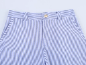Detail of blue and white striped pants featuring a gold button and side pockets