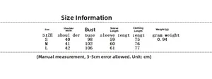 Detailed size chart for grey belted blazer jacket with dimensions for S, M, and L sizes