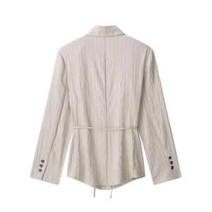 Chic beige French style blazer for women with pleated texture and back drawstring waist