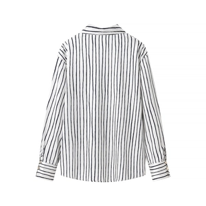 Back view of a striped long-sleeve shirt with classic black and white vertical patterns