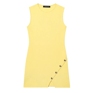 Robe Courte en Tricot Sans Manches pour Femmes Col Rond Jaune Pâle Fente Latérale Avec Boutons Cœur Argentés Été