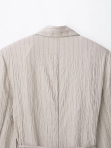 Detail of pinstripe blazer back with tie belt showing light grey crinkle fabric texture