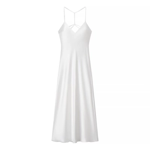 Eleganter Weißer Satin-Trägerkleid Für Damen V-Ausschnitt Ärmellos Überkreuzter Rücken Sexy Midikleid Minimalistisches Sommerkleid