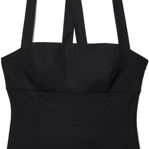 Minimalist black puff mini dress with thick woven fabric and wide straps on white background