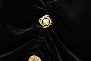 Makroaufnahme von goldenen Rosenknöpfen auf elegantem schwarzem Samtkleid