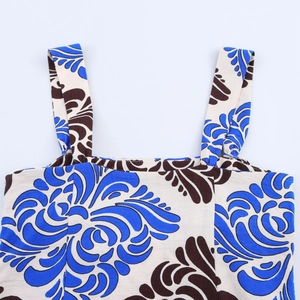 Women's summer floral print dress featuring a square neck and blue abstract scroll patterns
