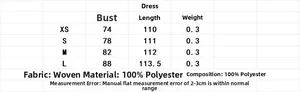 Size chart for straight chain dress showing XS to L measurements in 100% polyester
