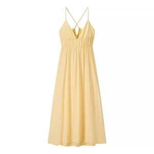 Robe Maxi Dos Nu Sexy Femme Jaune Bretelles Spaghetti Col en V Plissé Coupe A-Line Aspect Satiné Robe Longue pour Vacances