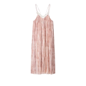 Detail of pink and white tie-dye maxi dress featuring golden metal ring and thin straps