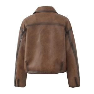 Rear view of vintage distressed dark brown leather jacket with worn texture and lapels