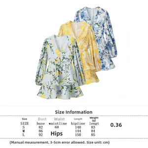 Size guide table for floral print puff sleeve dress showing bust waist and length details