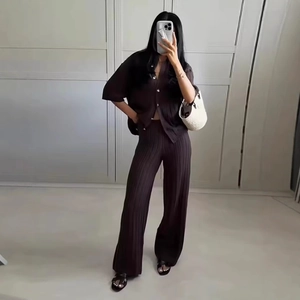 Completo donna 2 pezzi marrone caffè con cardigan a maniche corte e pantaloni larghi