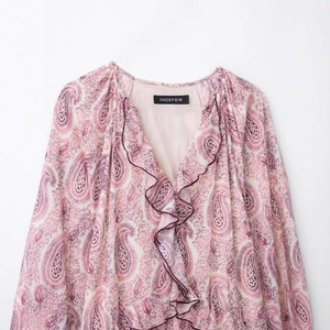 Summer paisley print long sleeve V-neck blouse with tiered ruffles for women