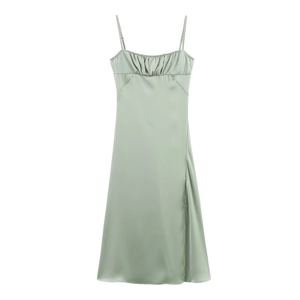 Elegant Satin Spaghetti Strap Maxi Dress Women Sage Green Ruched Backless Slit Hem Summer Party Sleeveless Slip Dress