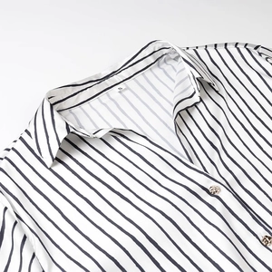 Vertical striped satin shirt for women with classic lapel and gold buttons in white color