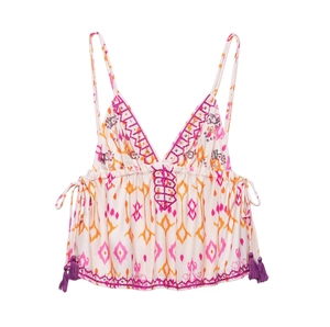 Women Bohemian V Neck Cami Top With Ikat Print Sequin Embroidery Purple Tassels Ethnic Style Sleeveless Summer Tank Top