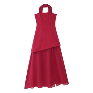 Elegant deep red halter neck dress with slim fit bodice and irregular layered high-slit skirt