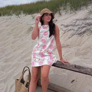 Summer Sleeveless Floral Mini Dress Round Neck A-Line Flower Print Sundress Breathable Polyester Beach Dress For Women