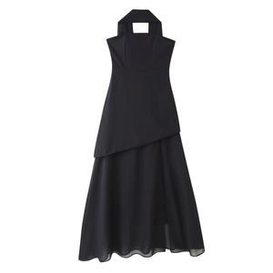 Elegant black halter neck tiered maxi dress with asymmetrical hem and mesh fabric detail