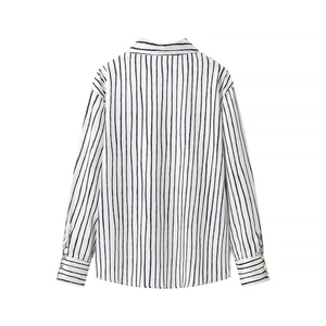 Classic white vertical striped long sleeve satin shirt with lapel and buttoned cuffs