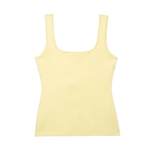 Detail of pale yellow knit tank top with wide straps and fine ribbed texture