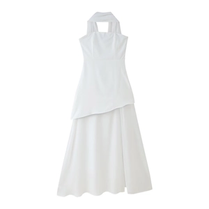 Elegant white halter neck dress with layered asymmetrical hem for summer 2025 fashion