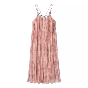Women Pink Tie Dye Pleated Cami Dress Metal Ring Decor Elegant Bohemian Straight Long Dress