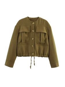 Detail of army green utility jacket with large flap pockets and drawstring hem