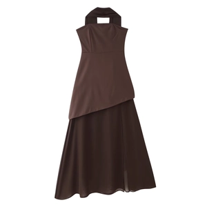 Elegant chocolate brown halter neck dress with asymmetric tiered layering and slim waistline