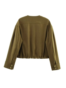 Rear view of olive green cotton jacket showing elasticated hem and buttoned cuffs