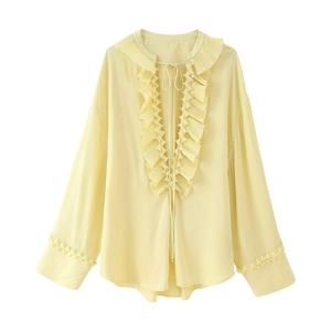 Blouse chic jaune pâle à volants avec manches longues et détail de nœud élégant