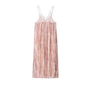 Pink and beige tie-dye pleated camisole maxi dress with elegant metal ring back detail